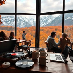 A cozy autumn coffee shop interior with large windows showcasing a breathtaking view of majestic mountains covered in autumn foliage