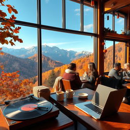 A cozy autumn coffee shop interior with large windows showcasing a breathtaking view of majestic mountains covered in autumn foliage