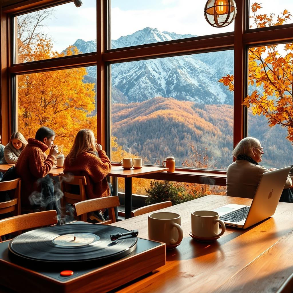 A cozy autumn coffee shop interior with large windows showcasing a breathtaking view of majestic mountains covered in autumn foliage