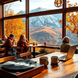 A cozy autumn coffee shop interior with large windows showcasing a breathtaking view of majestic mountains covered in autumn foliage