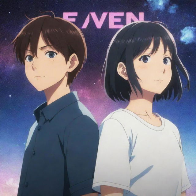 An anime-style 2D image of a girl from one dimension and a boy from another, facing each other against an anime-style background. Include the title 'Even You' on the image