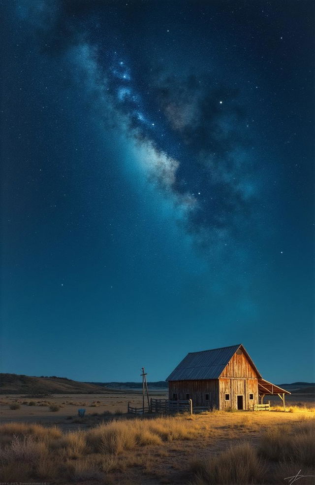 A mesmerizing landscape painting in the style of American artist Andrew Wyeth, featuring a stunning Texas starry sky that stretches across the canvas, filled with shimmering stars and a deep midnight blue hue