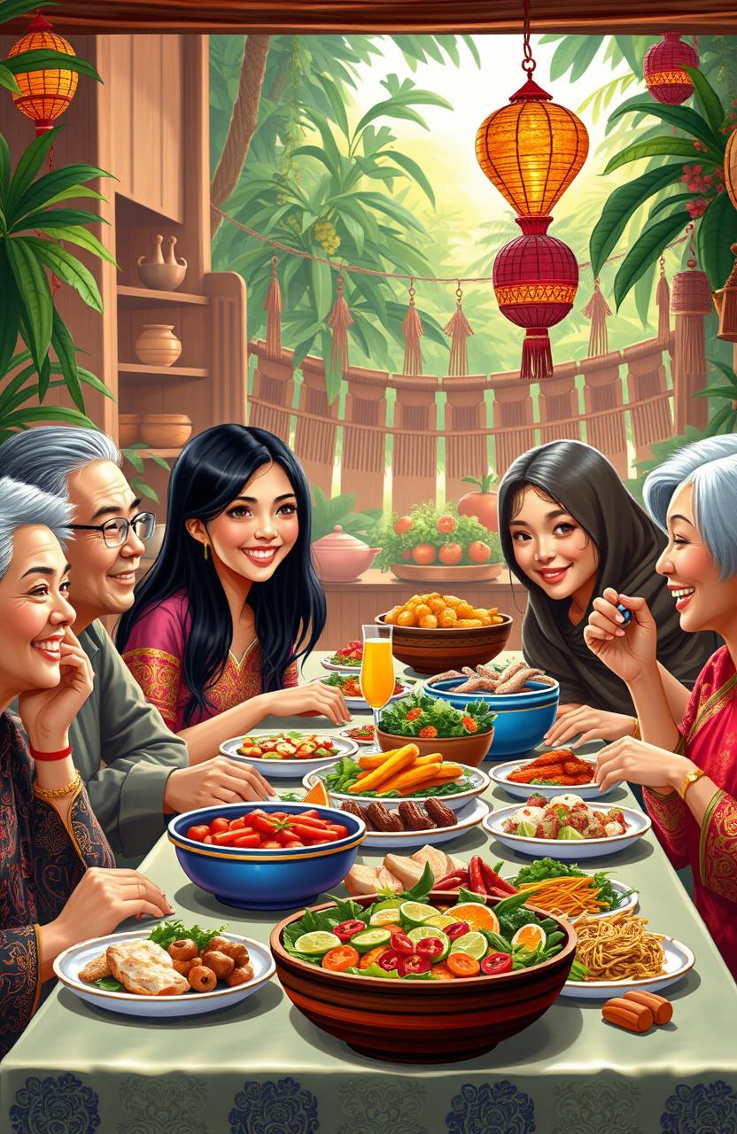 A detailed and vibrant portrayal of a traditional Indonesian family gathering, featuring Cinta young woman celebrating with her family