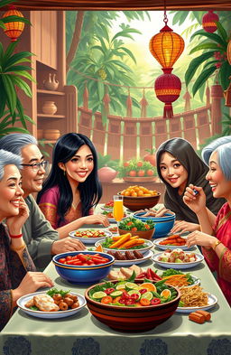 A detailed and vibrant portrayal of a traditional Indonesian family gathering, featuring Cinta young woman celebrating with her family