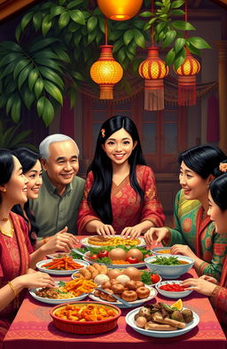 A detailed and vibrant portrayal of a traditional Indonesian family gathering, featuring Cinta young woman celebrating with her family