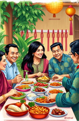 A detailed and vibrant portrayal of a traditional Indonesian family gathering, featuring Cinta young woman celebrating with her family