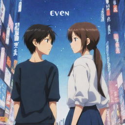 An anime-style 2D image of a girl from one dimension and a boy from another, facing each other against an anime-style background. Include the title 'Even You' on the image