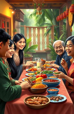 A detailed and vibrant portrayal of a traditional Indonesian family gathering, featuring Cinta young woman celebrating with her family