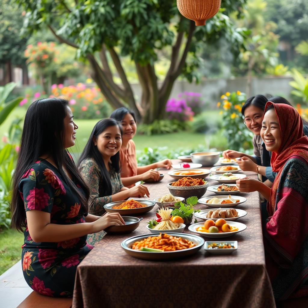 A beautiful and heartwarming scene of Cinta, a young woman with long black hair, enjoying a traditional Indonesian family gathering in a serene outdoor setting