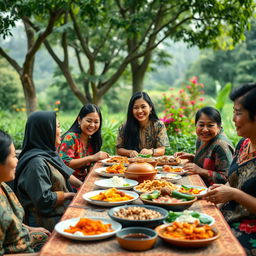 A beautiful and heartwarming scene of Cinta, a young woman with long black hair, enjoying a traditional Indonesian family gathering in a serene outdoor setting