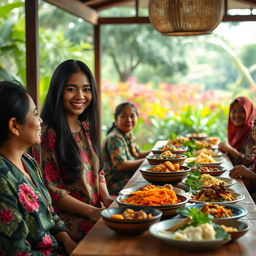 A beautiful and heartwarming scene of Cinta, a young woman with long black hair, enjoying a traditional Indonesian family gathering in a serene outdoor setting