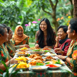 A beautiful and heartwarming scene of Cinta, a young woman with long black hair, enjoying a traditional Indonesian family gathering in a serene outdoor setting