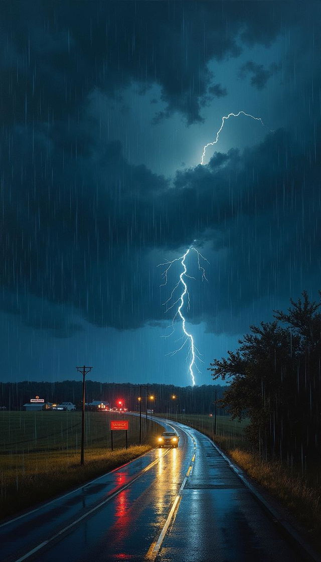 A captivating painting depicting a rainy night drive through the Texas landscape, styled after American artist Andrew Wyeth