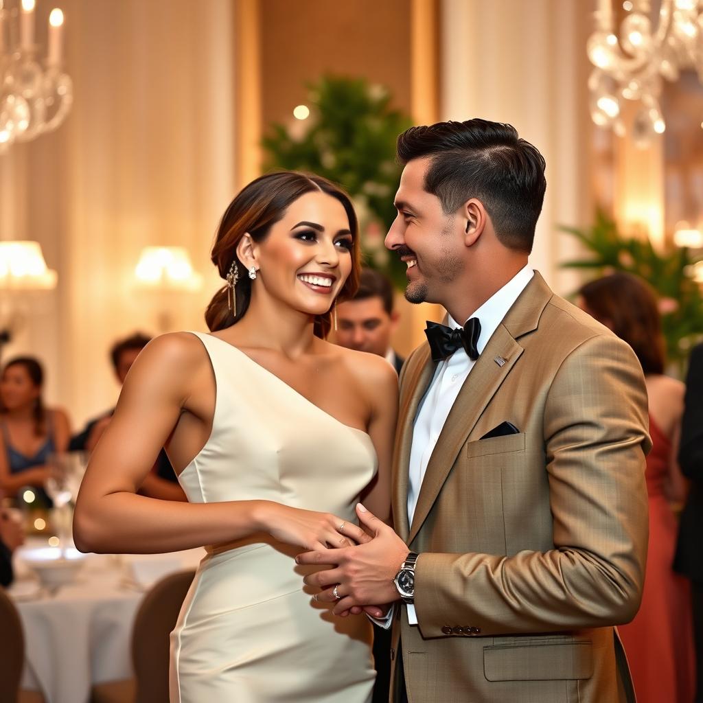 A captivating scene of a beautiful and elegant woman engaging in a lively conversation with a smartly dressed man at an upscale event