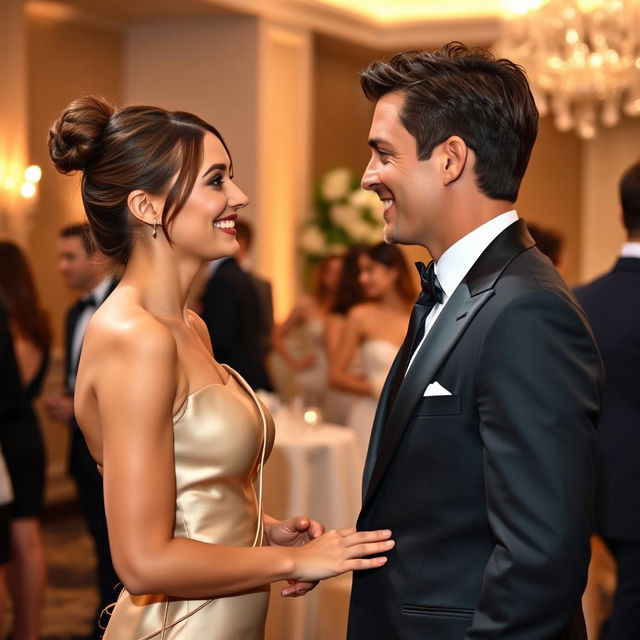 A captivating scene of a beautiful and elegant woman engaging in a lively conversation with a smartly dressed man at an upscale event