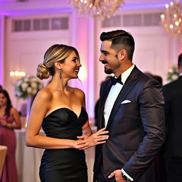 A captivating scene of a beautiful and elegant woman engaging in a lively conversation with a smartly dressed man at an upscale event