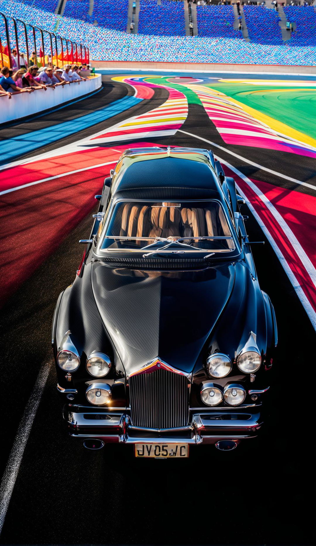 Black hearse on a racetrack surrounded by bright colors.