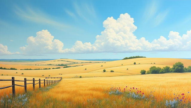 A stunning landscape painting showcasing a beautiful Texas sky, characterized by expansive blue tones adorned with soft, wispy clouds, capturing the tranquil ambiance reminiscent of Andrew Wyeth's artistry