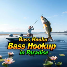 A realistic thumbnail for a video depicting a fisherman on a calm lake, catching a large bass from a sleek, modern boat