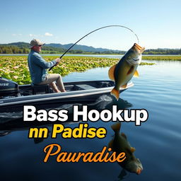 A realistic thumbnail for a video depicting a fisherman on a calm lake, catching a large bass from a sleek, modern boat