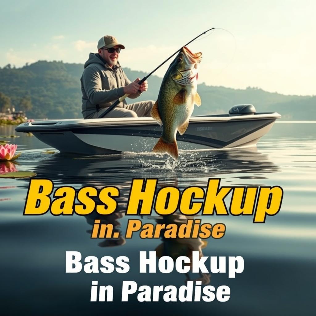 A realistic thumbnail for a video depicting a fisherman on a calm lake, catching a large bass from a sleek, modern boat