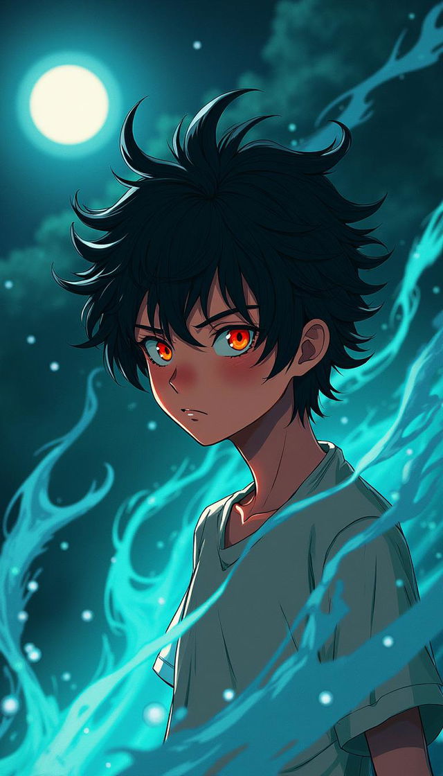 A dramatic anime-style portrait of a young character with messy dark hair and intense eyes, surrounded by swirling, fluid-like energy in shades of teal and turquoise