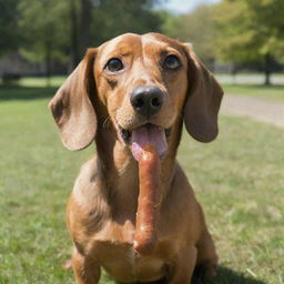 A dachshund dog cheekily eating a sausage with an adorable expression on its face, in a serene park setting during a sunny day.