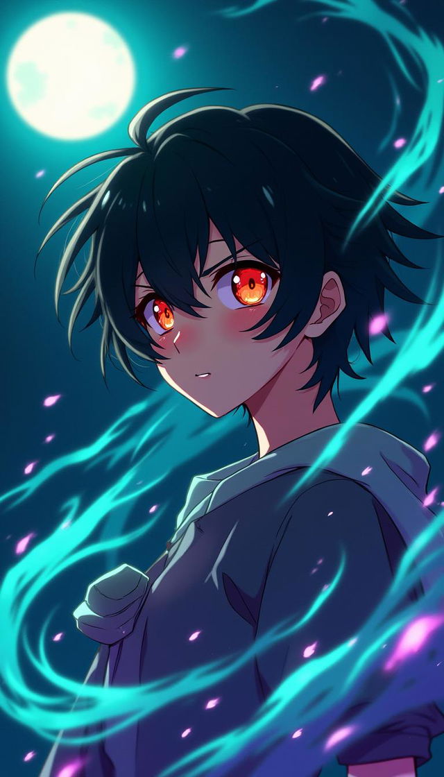 A dramatic anime-style portrait of a young waifu character with messy dark hair and intense eyes, surrounded by swirling, fluid-like energy in shades of teal and turquoise, accented by vibrant purple highlights