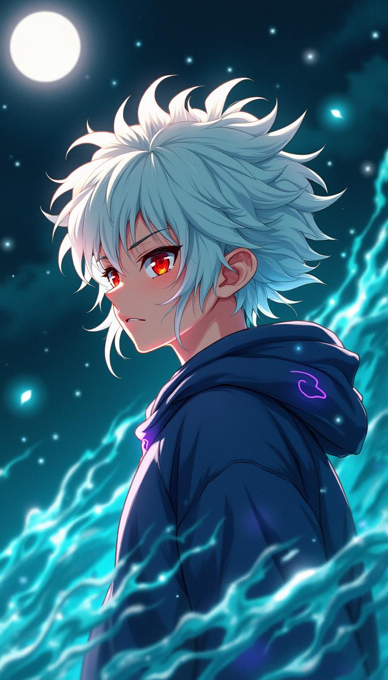 A dramatic anime-style portrait of a young waifu with messy white hair and intense eyes, surrounded by swirling, fluid-like energy in shades of teal and turquoise, accented with vibrant purple highlights