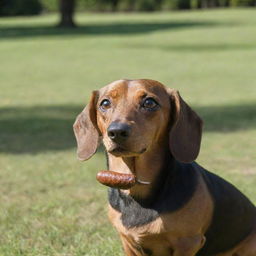 A dachshund dog cheekily eating a sausage with an adorable expression on its face, in a serene park setting during a sunny day.