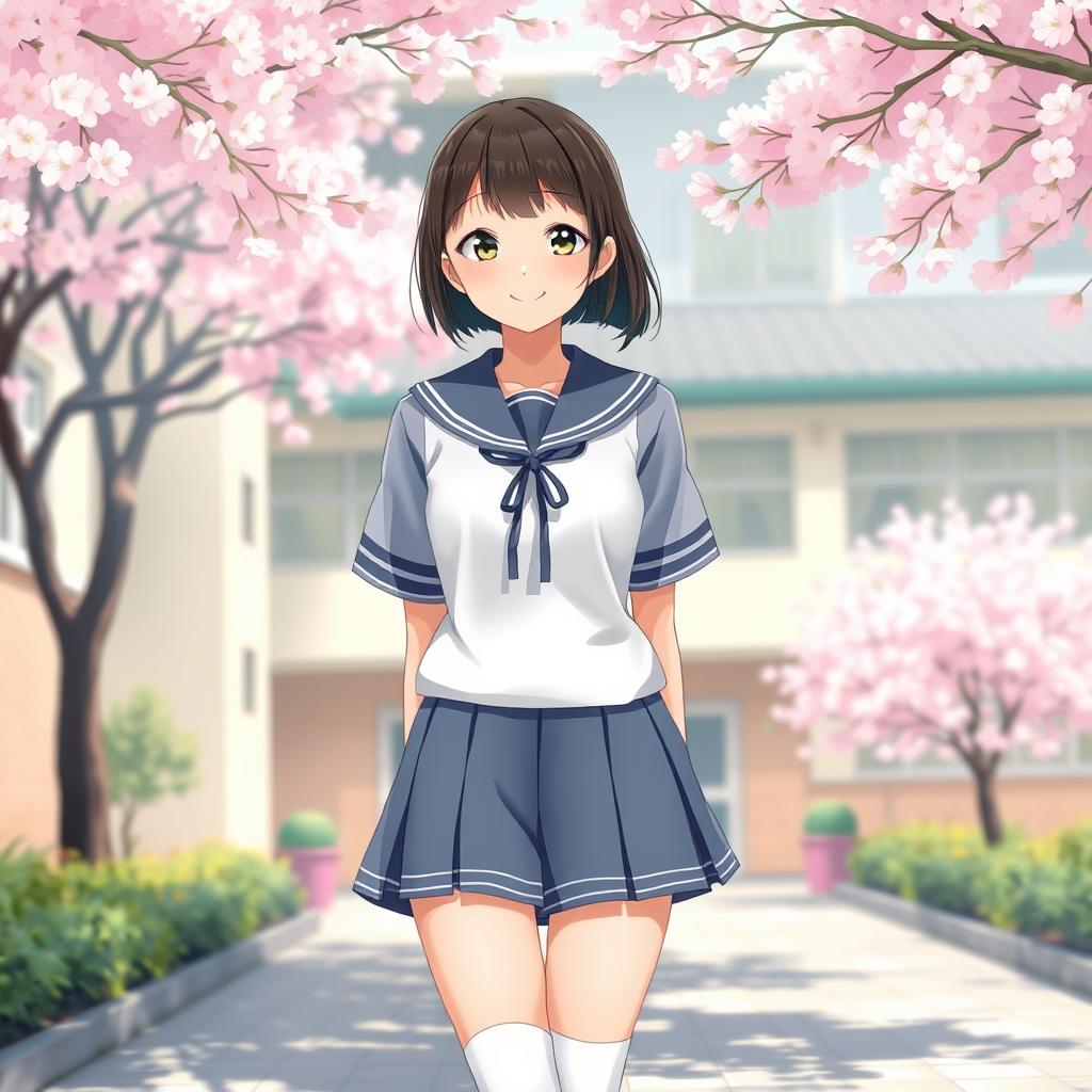 A realistic depiction of a 16-year-old girl in a short Japanese school uniform, featuring a fitted sailor collar blouse and knee-high socks