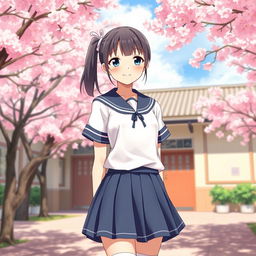 A realistic depiction of a 16-year-old girl in a short Japanese school uniform, featuring a fitted sailor collar blouse and knee-high socks