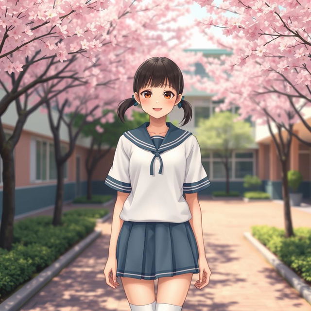 A realistic depiction of a 16-year-old girl in a short Japanese school uniform, featuring a fitted sailor collar blouse and knee-high socks