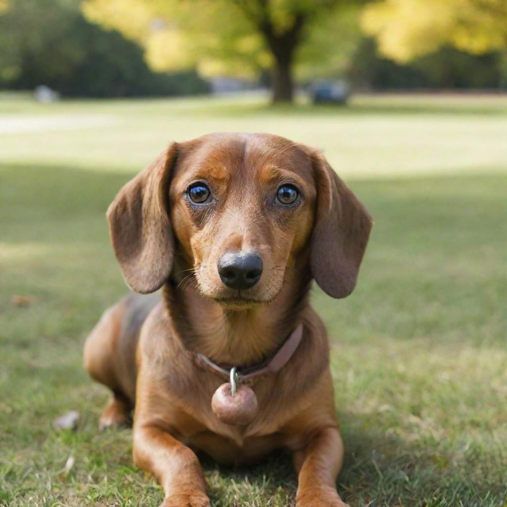 A dachshund dog cheekily eating a sausage with an adorable expression on its face, in a serene park setting during a sunny day.