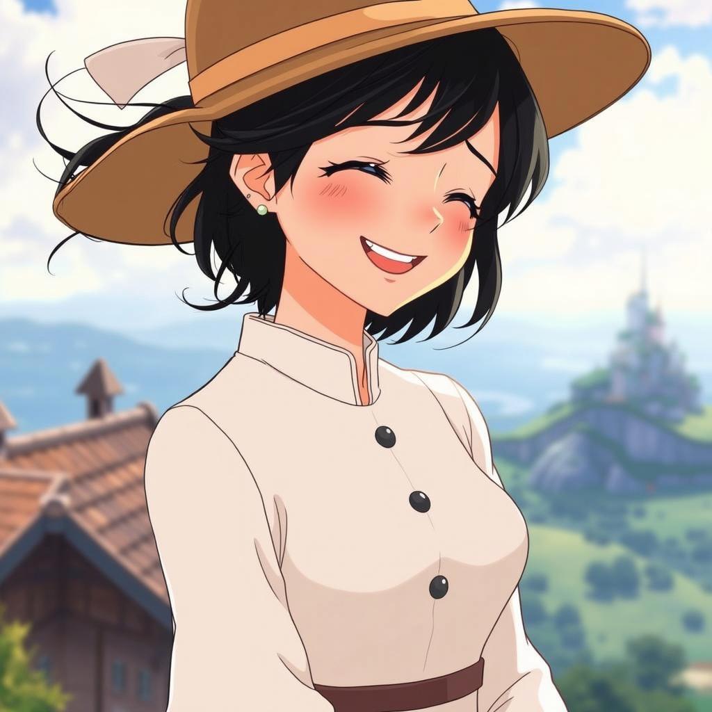 A smiling young woman with short black hair, wearing a straw hat and a vintage-style blouse with button details