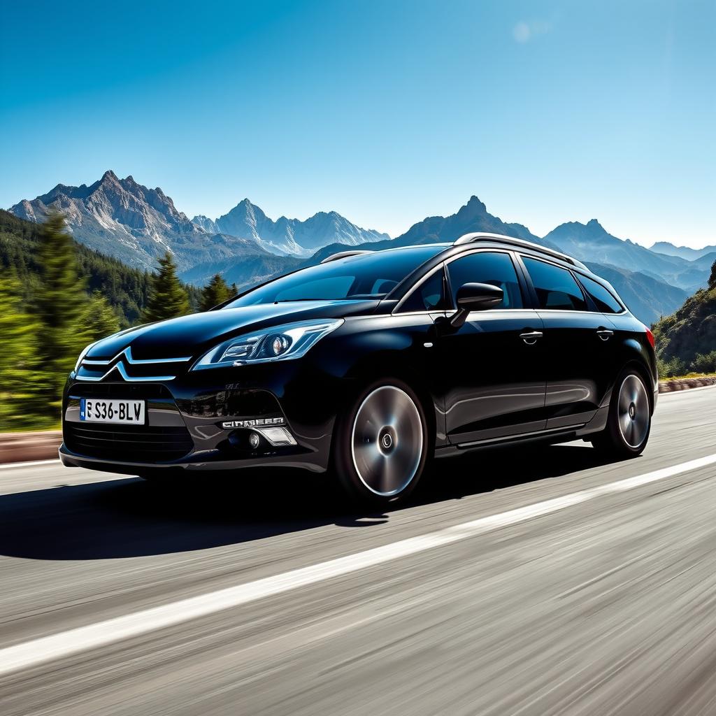 A sleek black Citroën C5 Tourer 2009 racing along a winding mountain road, the landscape dotted with stunning green pine trees and rugged mountain peaks in the background