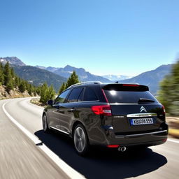 A sleek black Citroën C5 Tourer 2009 racing along a winding mountain road, the landscape dotted with stunning green pine trees and rugged mountain peaks in the background