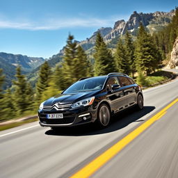 A sleek black Citroën C5 Tourer 2009 racing along a winding mountain road, the landscape dotted with stunning green pine trees and rugged mountain peaks in the background