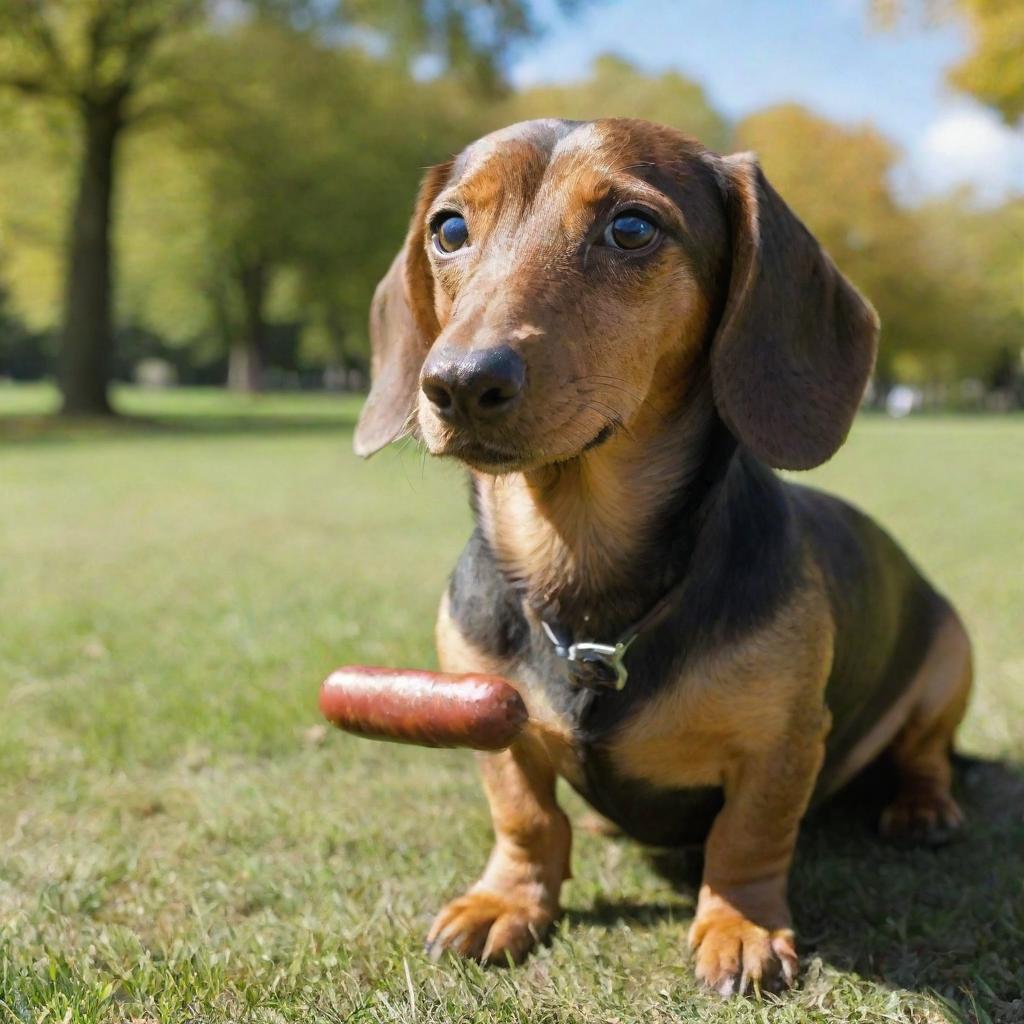 A dachshund dog cheekily eating a sausage with an adorable expression on its face, in a serene park setting during a sunny day.