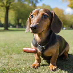 A dachshund dog cheekily eating a sausage with an adorable expression on its face, in a serene park setting during a sunny day.