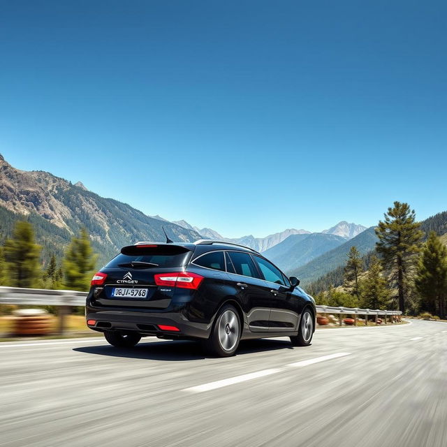 A sleek black Citroën C5 Tourer 2009 racing along a winding mountain road, the landscape dotted with stunning green pine trees and rugged mountain peaks in the background