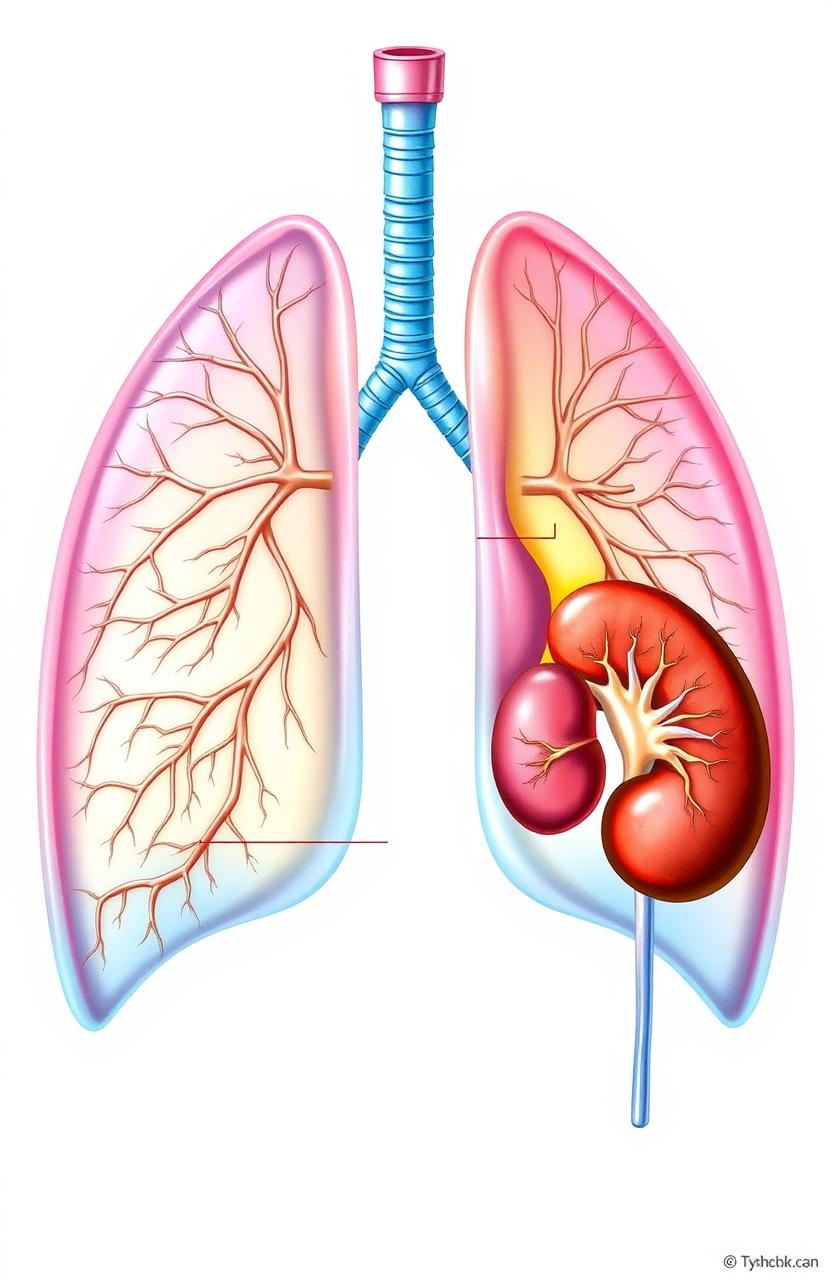 A detailed anatomical illustration showing the lungs and kidneys in a vibrant, educational style