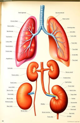 A detailed anatomical illustration showing the lungs and kidneys in a vibrant, educational style