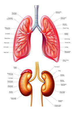 A detailed anatomical illustration showing the lungs and kidneys in a vibrant, educational style