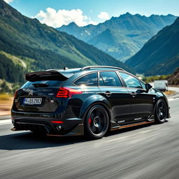 A sleek, black 2009 Citroën C5 Tourer, featuring custom tuning and racing enhancements, races through a scenic mountain route