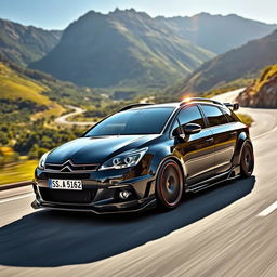 A sleek, black 2009 Citroën C5 Tourer, featuring custom tuning and racing enhancements, races through a scenic mountain route