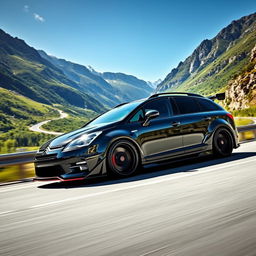 A sleek, black 2009 Citroën C5 Tourer, featuring custom tuning and racing enhancements, races through a scenic mountain route