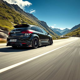 A sleek, black 2009 Citroën C5 Tourer, featuring custom tuning and racing enhancements, races through a scenic mountain route