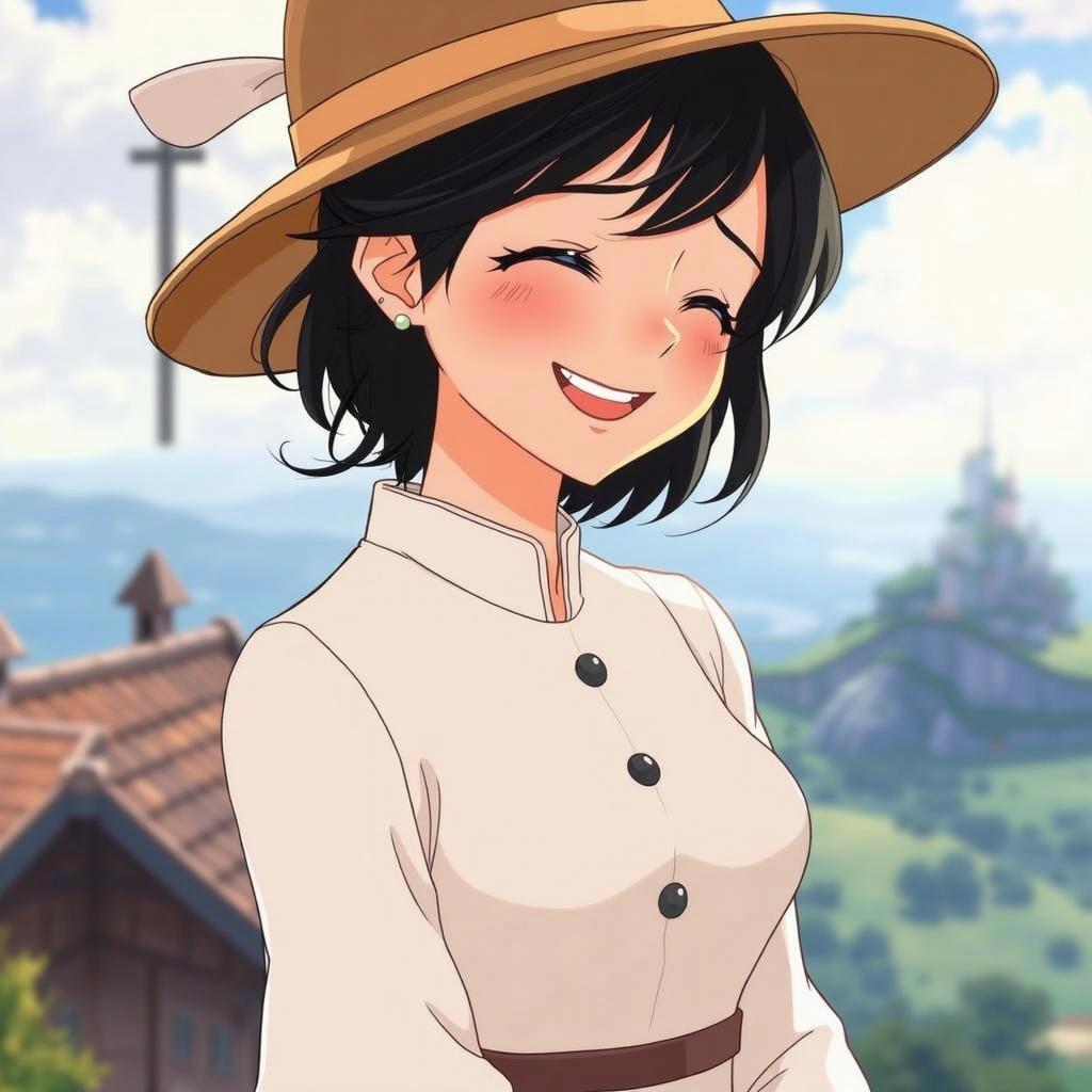 A smiling young woman with short black hair, wearing a wide-brimmed straw hat and a vintage-style blouse adorned with buttons