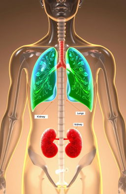 A detailed anatomical illustration of the human body highlighting the lungs and kidneys